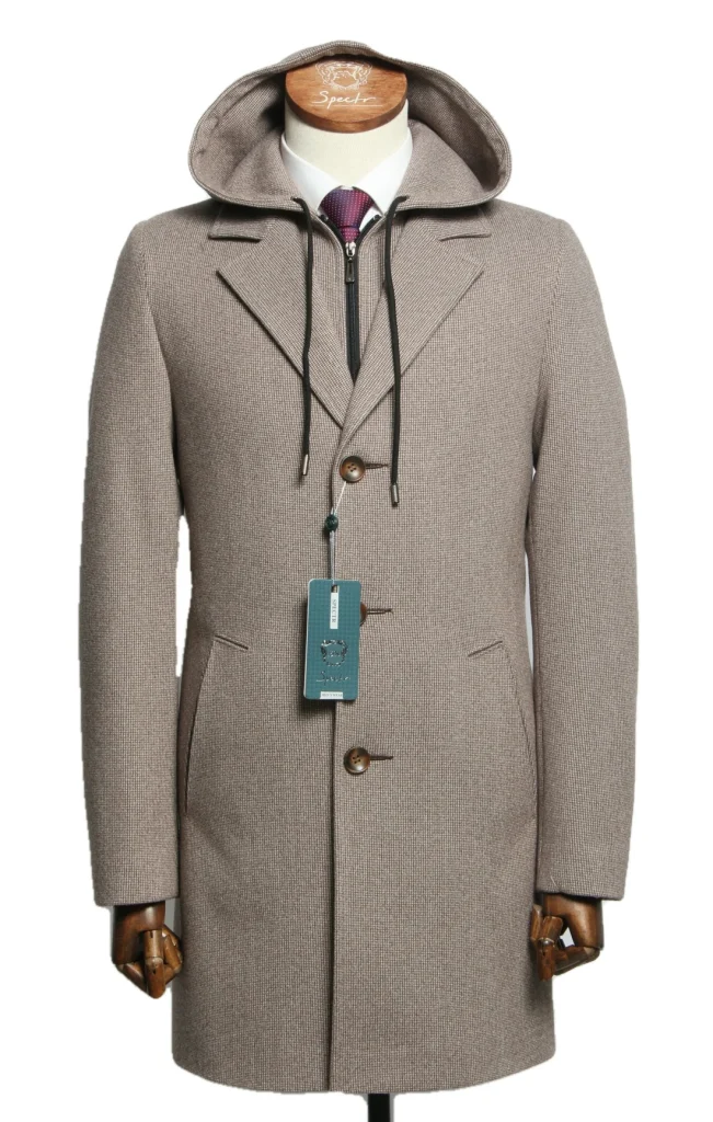 Мужское пальто "Бархат" капюшон коричневое slim fit