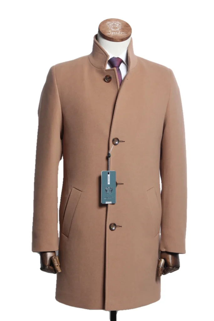 Мужское пальто "Джаред" коричневое, со стойкой,  slim fit