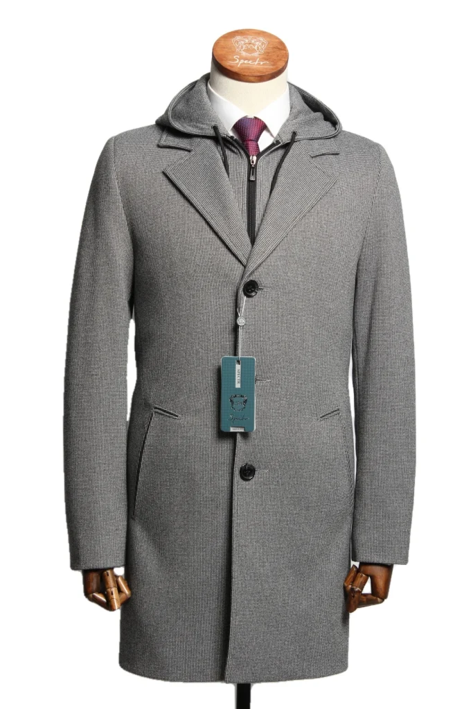 Мужское пальто "Люкс" серое, с капюшоном,  slim fit