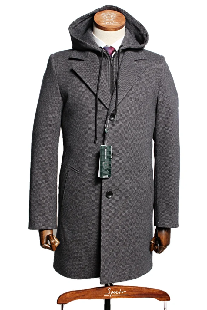 Мужское пальто "Монторо" серое с капюшоном slim fit