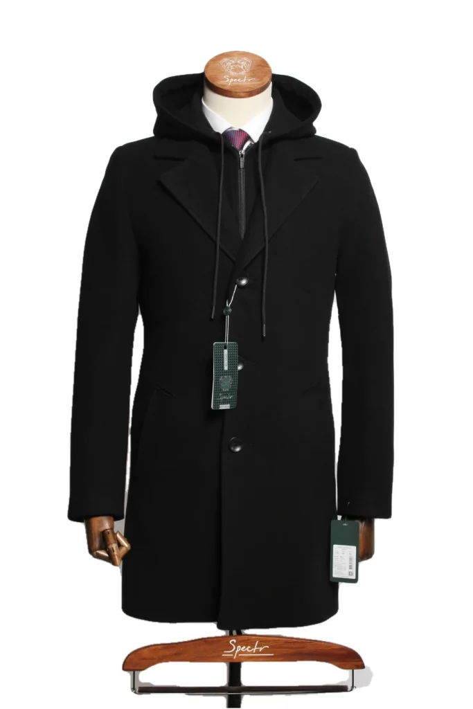 Мужское пальто "Блэйк" черное с капюшоном slim fit