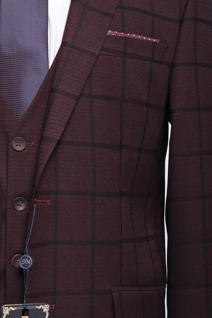 Мужской костюм "Агоста" бордовый тройка slim fit