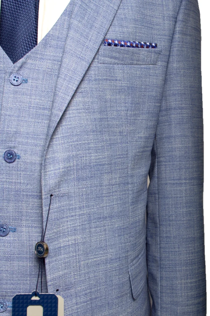 Мужской костюм "Бенет" голубой тройка slim fit
